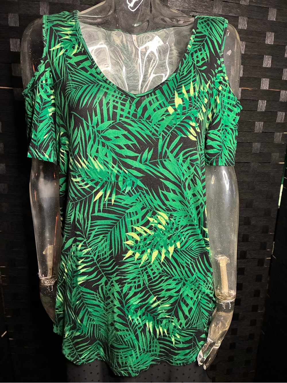 Green Tropical Leaf Cold-Shoulder Blouse